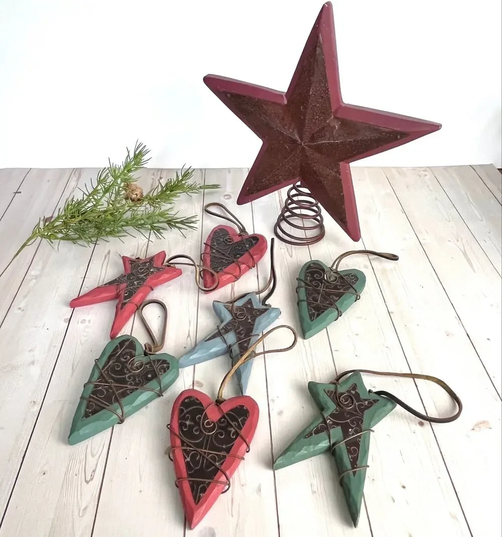 Rustic Western Wooden, Wire, Metal Leather Star & Hearts Ornaments & Tree Topper